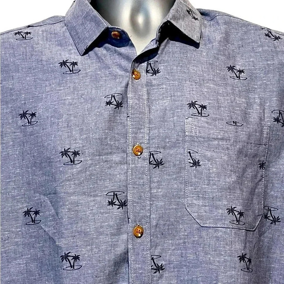 🍀2/$22 Tenth+Ocean Linen Blend Short Sleeve Button Down Blue Shirt Mens Medium - Picture 1 of 10